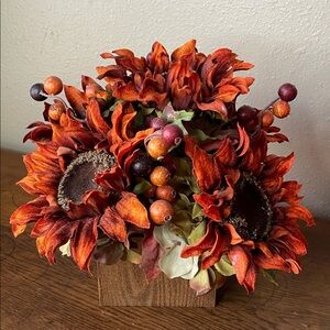 Deep Rust Sunflowers and Berries in a Handmade Cedar Box.